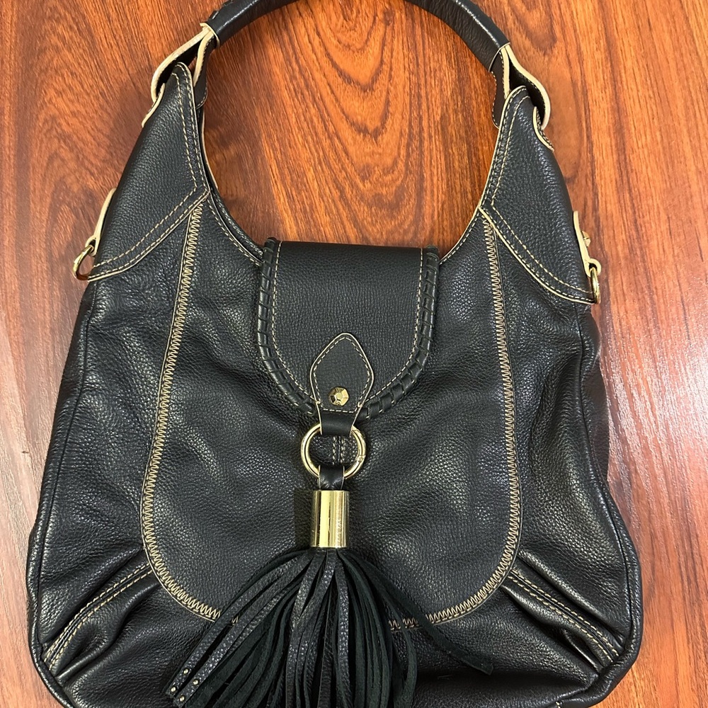 Oryany Black Leather Women's Hobo Shoulder Bag with Tassel Boho Western
